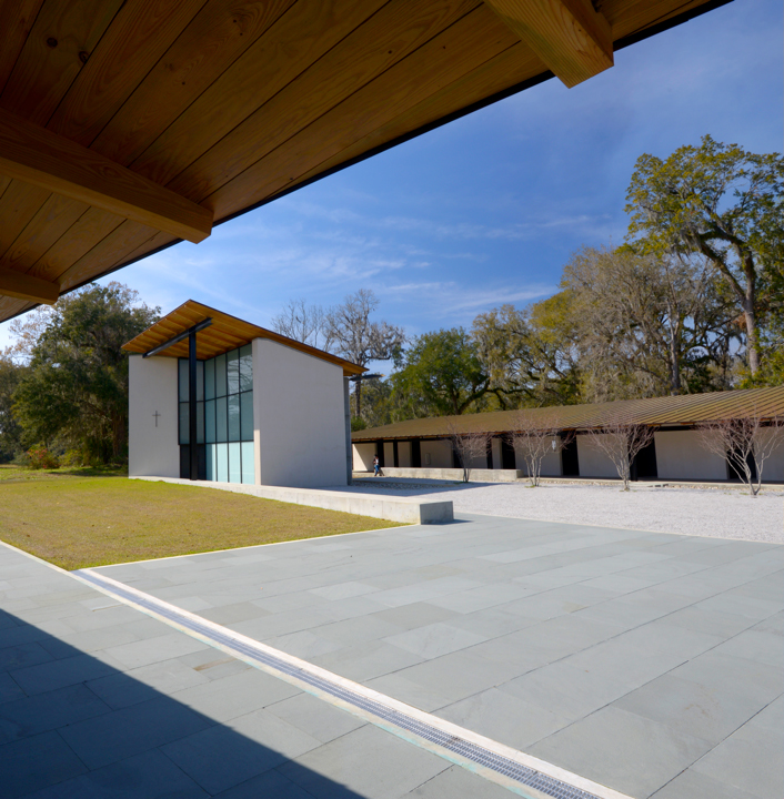 Exterior shot of the guest quarters at South Carolina’s Mepkin Abbey, designed by W.G. Clark's architecture firm