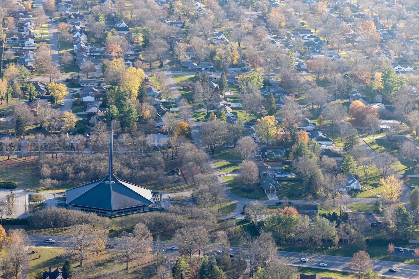 Aerial view of the pointed structure that is North Christian Church in Columbus, Indiana