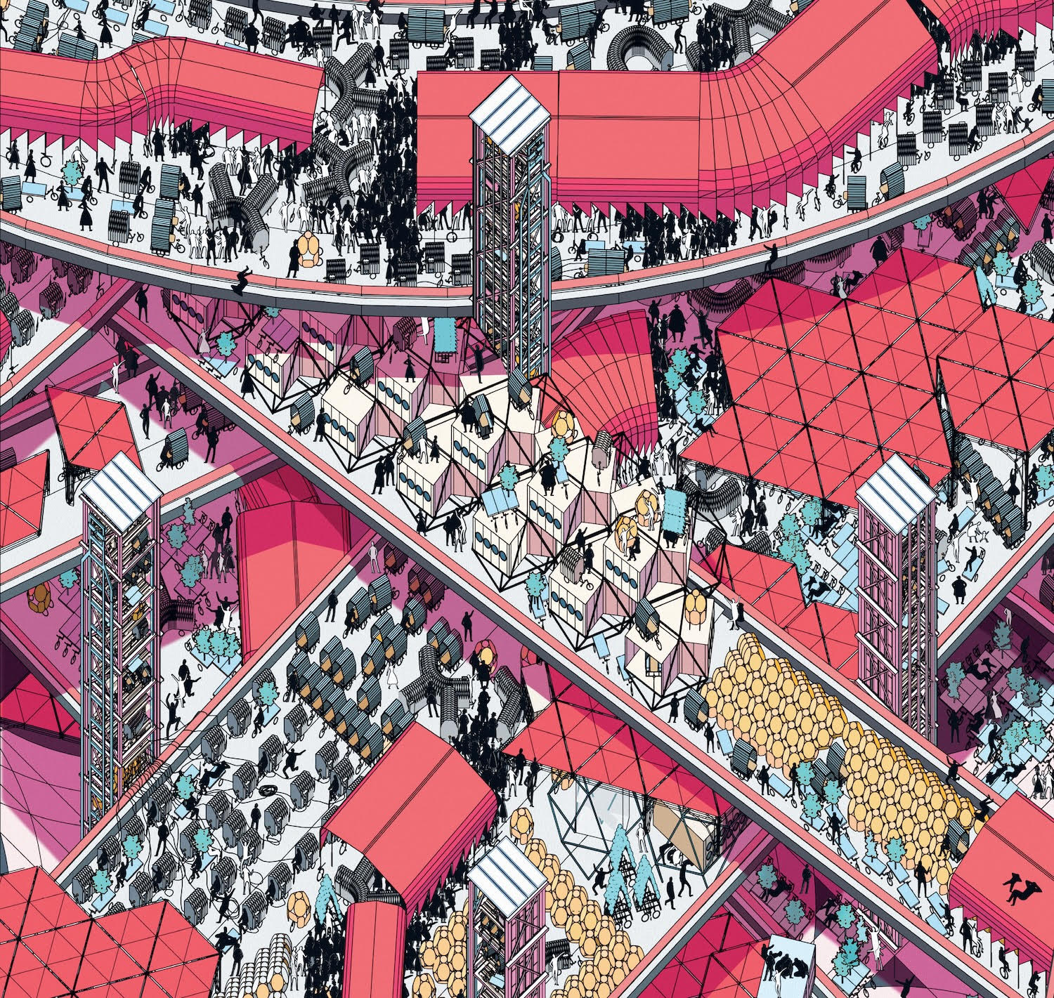 Colorful graphic diagram of modular residential units